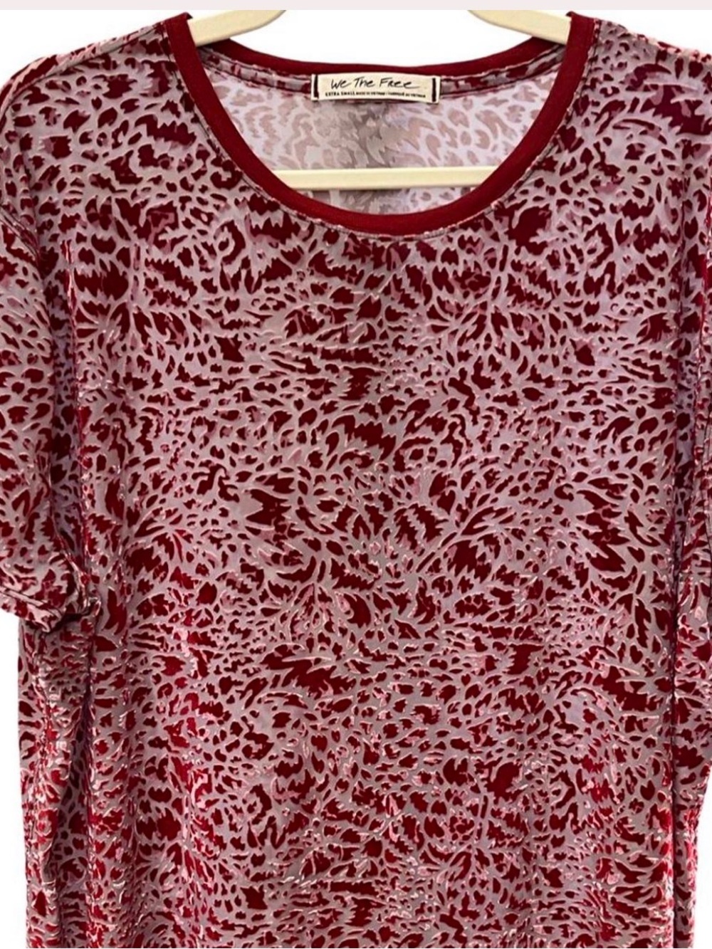 We The Free Burgundy Cut Out  Patterned Mesh Short Sleeve Top